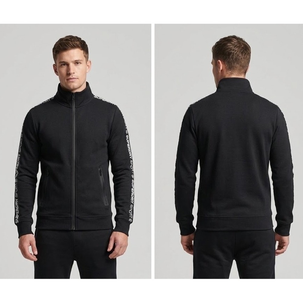 Superdry Sport Men's Gym Tech Full Zip Track Jacket Black White Logo Tape Size M